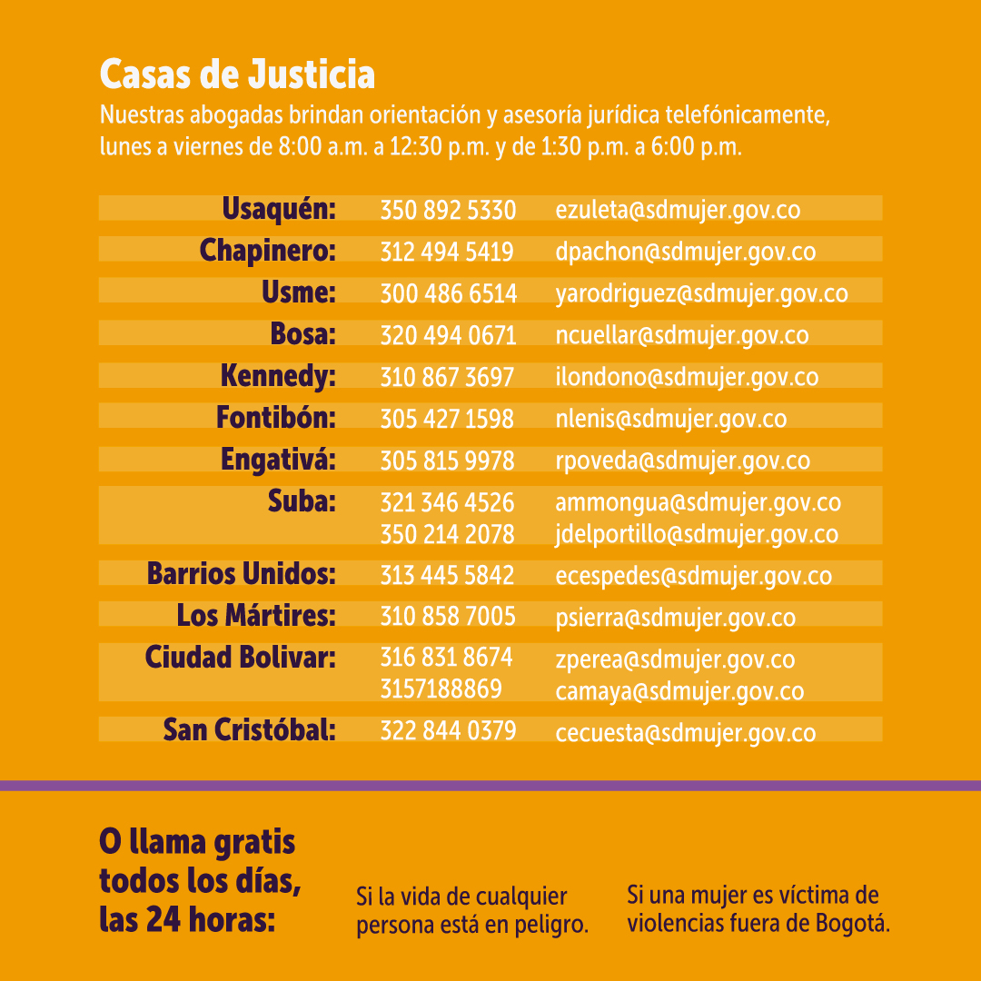 Información de contacto de la Casas de Justicia en las localidades de Bogotá