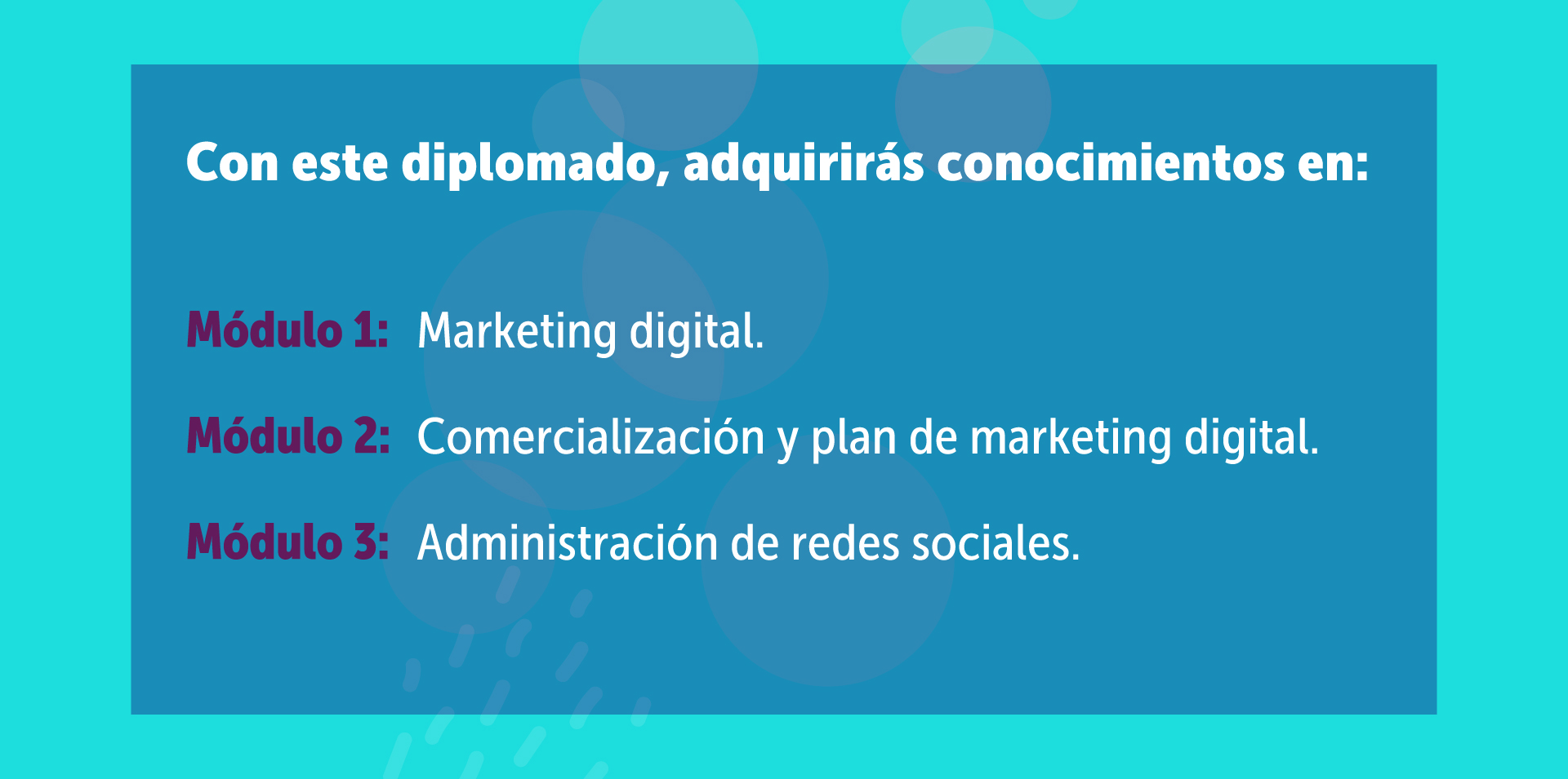 Con este diplomado, adquirirás conocimientos en: Marketing digital, Comercialización y plan de marketing digital, Administración de redes sociales.