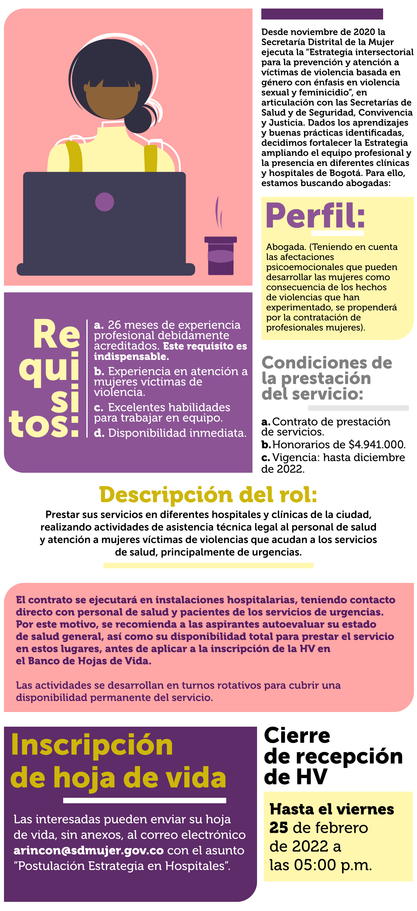 Imagen con información de oferta de empleo para abogadas en derechos humanes de mujeres en espacios hospitalarios
