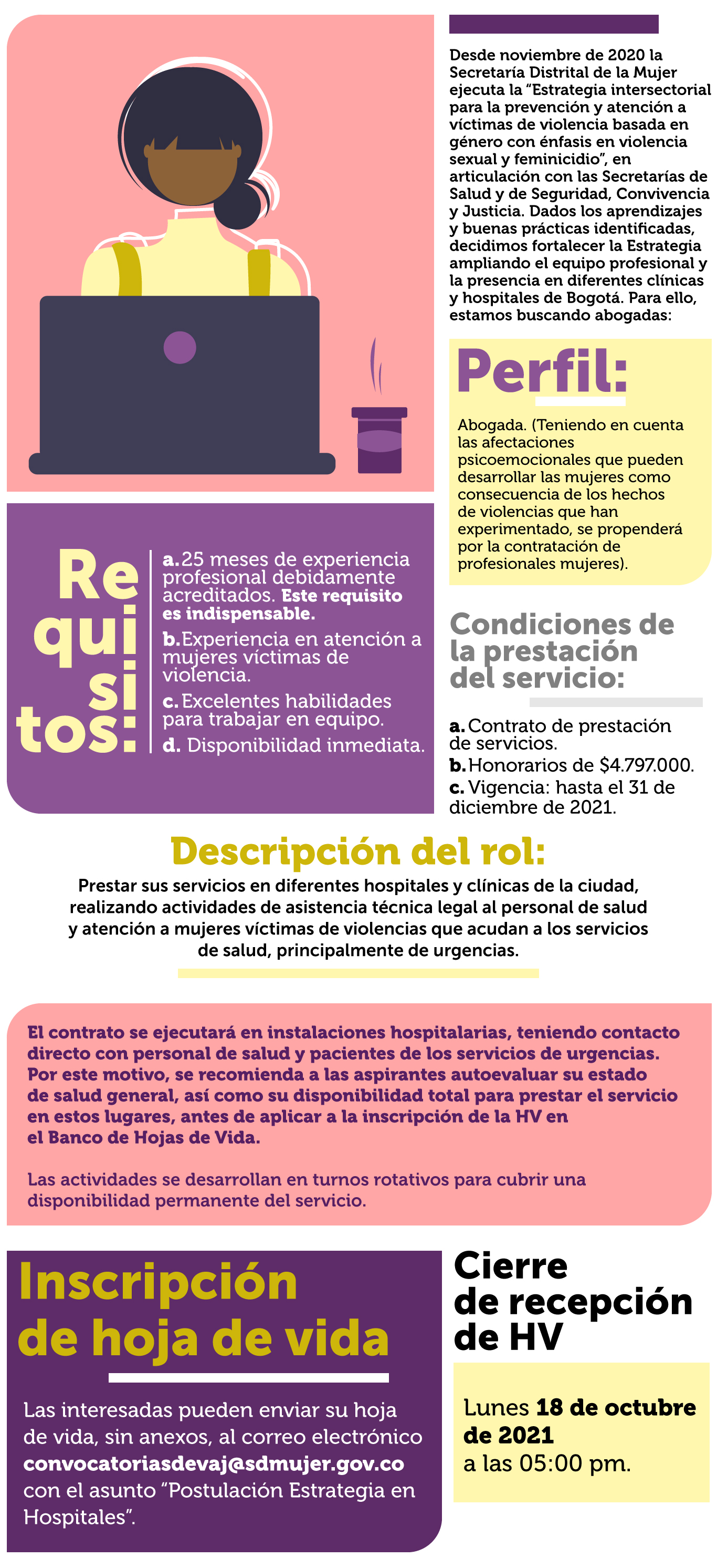 Imagen con información de oferta de empleo para abogadas en derechos humanes de mujeres en espacios hospitalarios