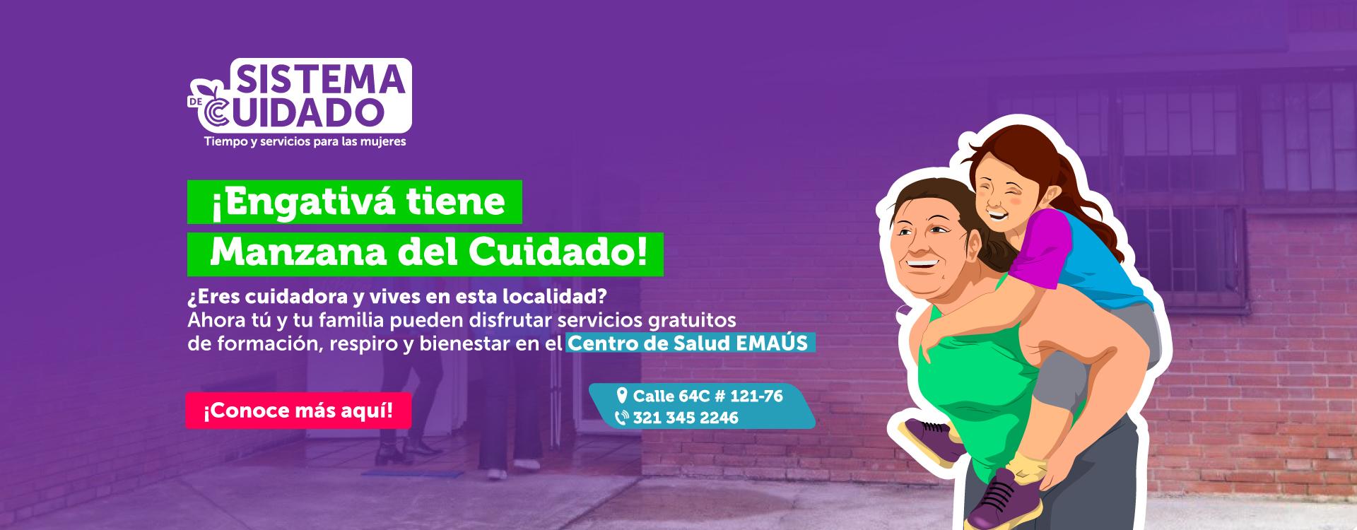 Imagen con información de la nueva manzana del cuidado de Engativá e ilustración de una mujer cargando en la espalda una nuña