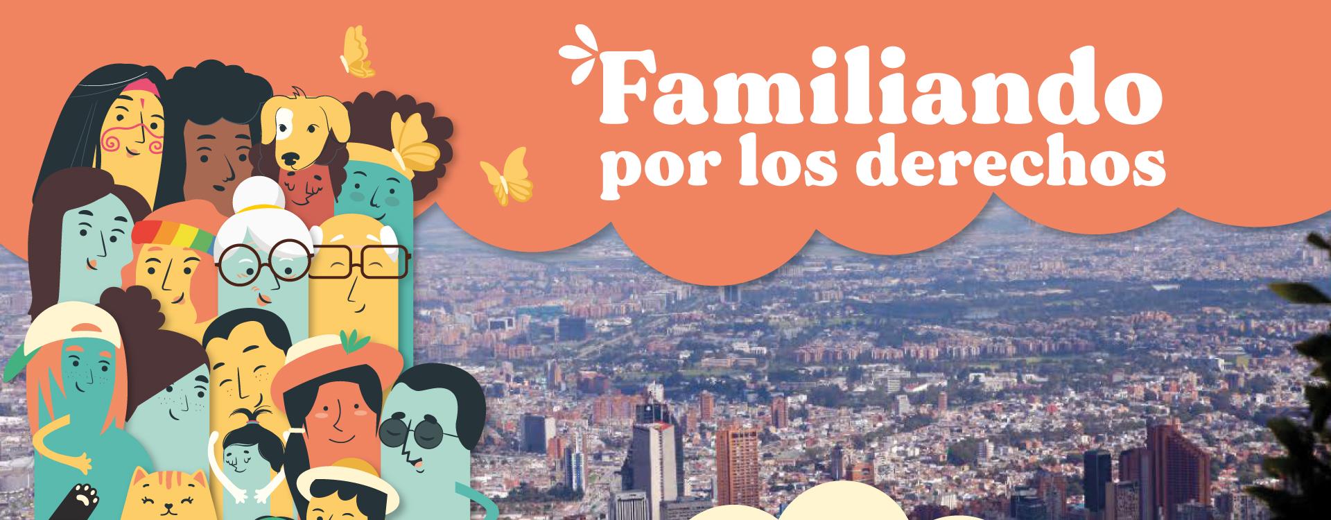 Imagen de ilustraciones de personas con foto de Bogotá de fondo